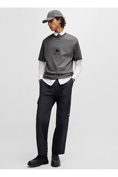 HUGO Men's Anthracite Logo Embroidered Cotton Round Neck T-Shirt - Short Sleeve, Relaxed Fit 50535499 -