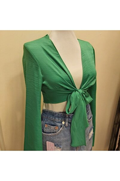 FASHION COCKTAIL Сексуальна атласна блуза з декольте, зав'язується спереду, з довгими рукавами, коротка, вечірній коктейльний комплект