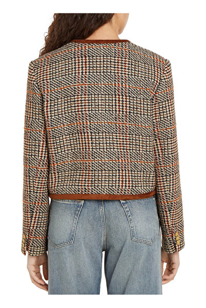 Tommy Hilfiger Vzorovaná hnědá dámská bunda TWEED WOOL MIX CHECK CREW JACKET