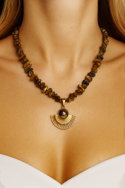 Solare Accessories Kaplan Gözü Doğaltaş Kolye – Çelik Uçlu Altın Renk