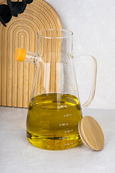 DNS HOME 1 Piece Bamboo Vacuum Lid Borosilicate Glass Oil Container Vinegar Container Masterchef Oil Pot 900 ml