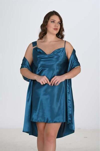 Marsilyan Ieg Preum Large Size Satin Petrol 2-Piece Nightgown and Robe Set Bi...