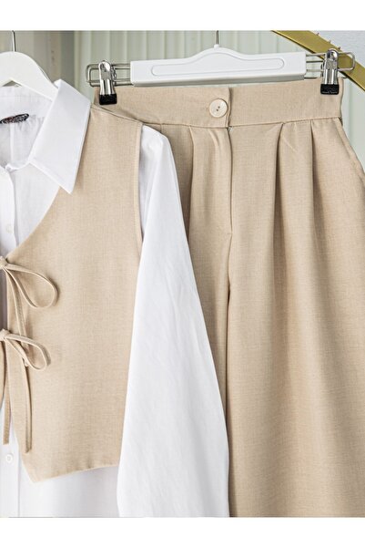 Modamorfo Front Lace-Up Trouser Vest Double Linen Suit -Mink