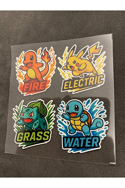 Pokémon 4 Adet Su Geçirmez Etiket Baskı (Fire, Electric, Grass, Water)