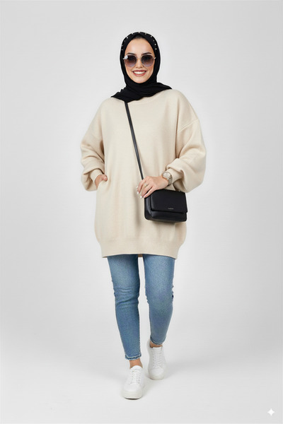 K-ODEA BUTİK Cream Balloon Collar Knit Sweater
