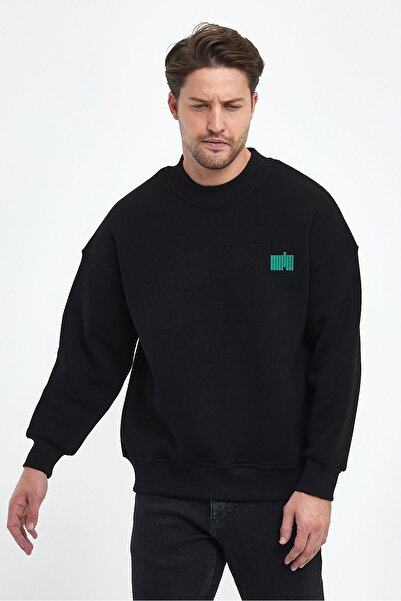 COMBİNE MİCHAİL Чоловічий оверсайз-светр з вишитим коміром - ЧОРНИЙ