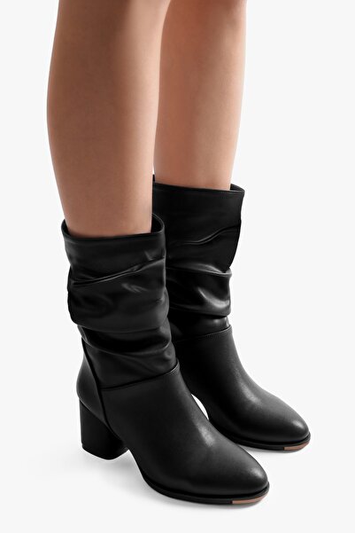 Shoeberry Kadın Nollie Siyah Topuklu Körüklü Bot Siyah Cilt