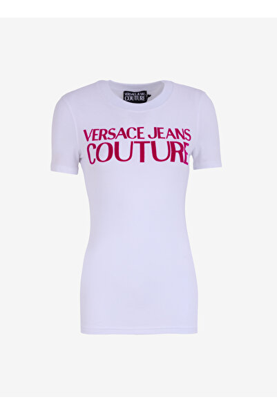 VERSACE JEANS COUTURE Yuvarlak Yaka Baskılı Beyaz Kadın T-Shirt 77HAHL01