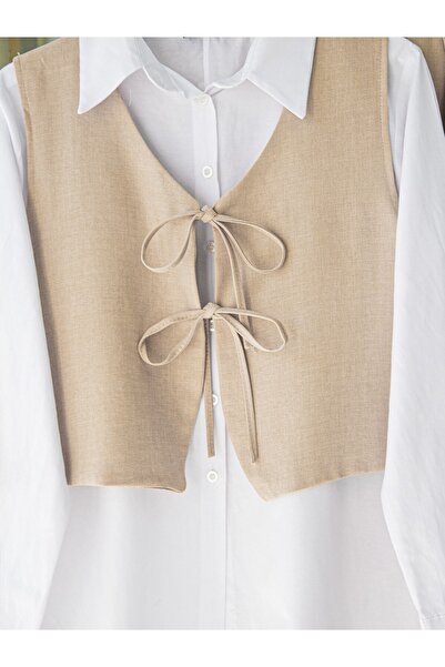 Modamorfo Front Lace-Up Trouser Vest Double Linen Suit -Mink