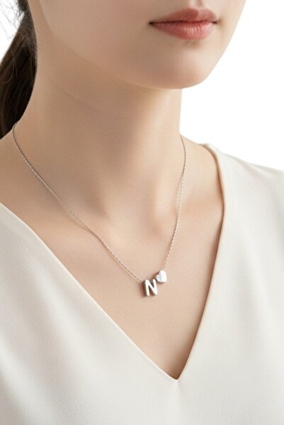 Alexis Carrel Çelik Zincirli N Harfli Kolye, Kalp Detaylı Gümüş Renk Harf Kolye