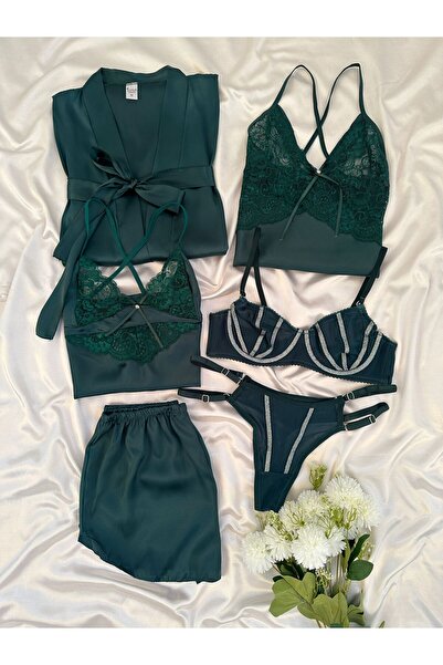 Lena Homewears Zümrüt Vanessa Kadın Saten Gecelik Sabahlık Çeyiz Seti