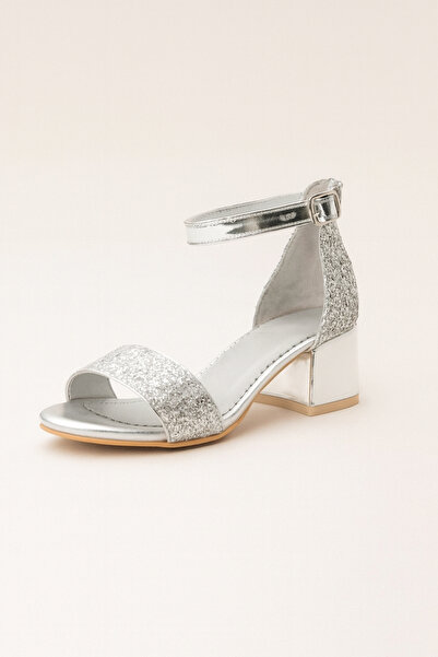 DİGGO KİDS Silver Glitter Thick Heeled Single Strap Girl's Evening Dress Shoes