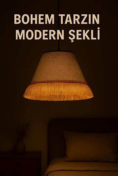 VENON Çise Tekli Saçaklı Tekli Siyah Abajur Kahverengi Şapka Sarı Püsküllü Sarkıt Avize BOHEM MODERN