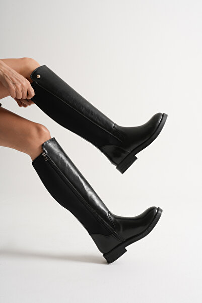 MİSSJENY حذاء أسود من الجلد اللامع أسفل الركبة - قماش غاطس، تصميم مجعد