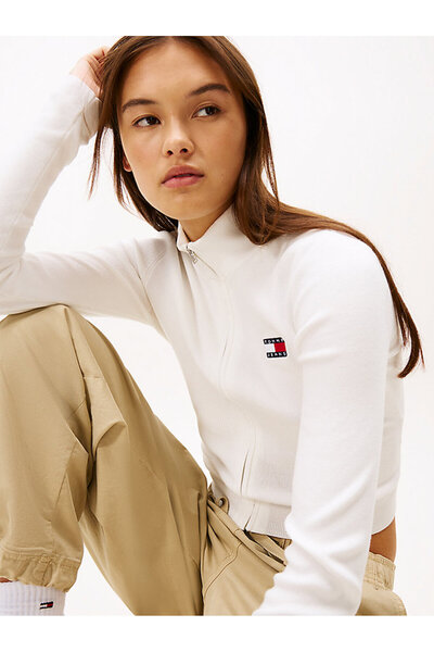 Tommy Hilfiger Tjw Fermuarlı Yüksek Yaka Beyaz Kadın Hırka