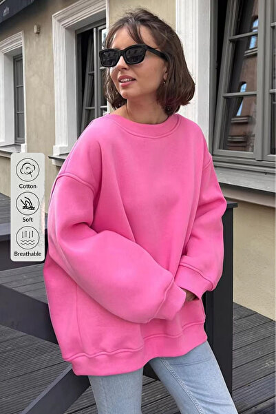 COMBİNE MİCHAİL Kadın Bisiklet Yaka İçi Şardonlu, Kışlık Yumuşak Bol Sweatshirt PEMBE