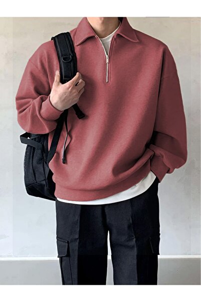 COMBİNE MİCHAİL Erkek Yarım Fermuar Rahat Sweatshirt Gül Kurusu