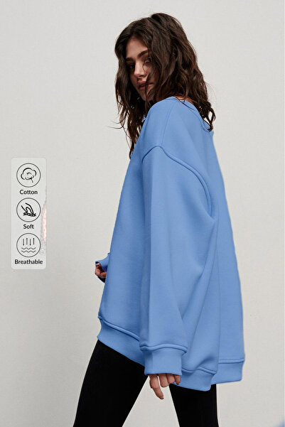 COMBİNE MİCHAİL Kadın Bisiklet Yaka İçi Şardonlu, Kışlık Yumuşak Bol Sweatshirt  MAVİ