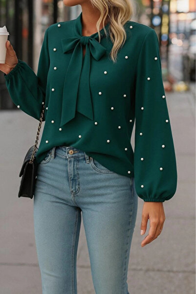 Moda Ebrar Γυναικεία μακρυμάνικη μπλούζα από κρεπ με φιόγκο στο λαιμό και πέρλες