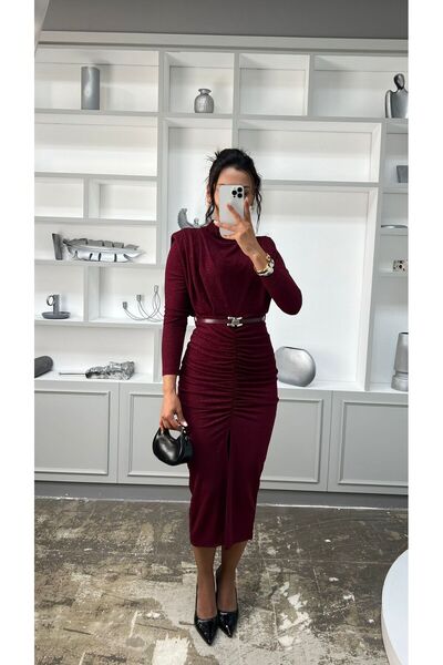 Nida Boutique Φόρεμα από ύφασμα άνοιγμα Sim με μακριά μανίκια και ζώνη