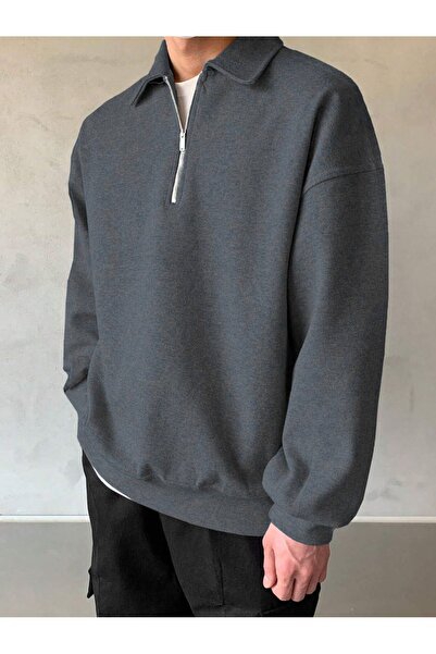 COMBİNE MİCHAİL Erkek Polo Yaka Yarım Fermuarlı Sweatshirt FÜME