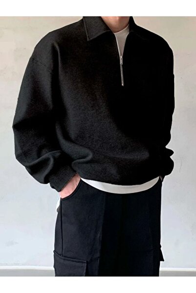 COMBİNE MİCHAİL Мъжки суитшърт с поло яка, черен - с половин цип