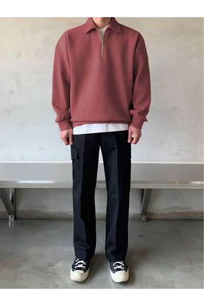 COMBİNE MİCHAİL Erkek Yarım Fermuar Rahat Sweatshirt Gül Kurusu