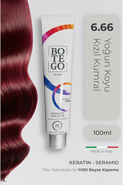 botegohair Profesyonel Krem Saç Boyası - 6.66 Yoğun Koyu Kızıl Kumral 100 ml ...
