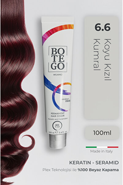 botegohair Profesyonel Krem Saç Boyası - 6.6 Koyu Kızıl Kumral 100 ml - Plex,...
