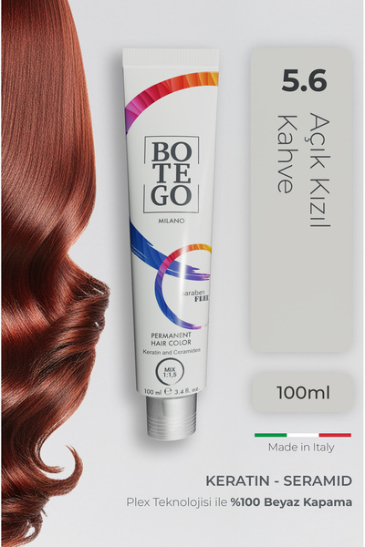 botegohair Botego Milano Profesyonel 5.6 Kızıl Açık Kahve Saç Boyası 100 ml –...