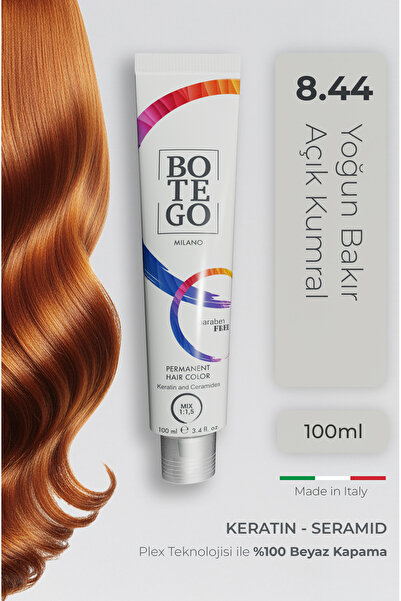 botegohair Profesyonel Krem Saç Boyası - 8.44 Yoğun Bakır Açık Kumral 100 ml ...