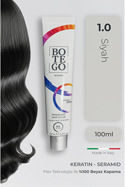 botegohair Profesyonel Krem Saç Boyası - 1.0 Siyah 100 ml - Plex, Keratin, Se...