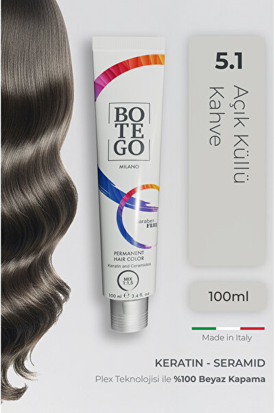 botegohair Profesyonel Krem Saç Boyası - 5.1 Açık Küllü Kahve 100 ml - Plex, ...