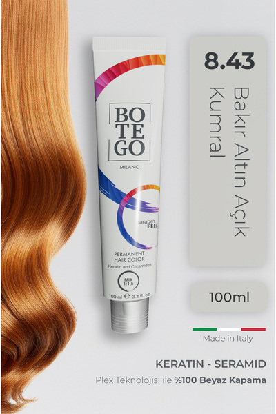 botegohair Profesyonel Krem Saç Boyası - 8.43 Bakır Altın Açık Kumral 100 ml ...