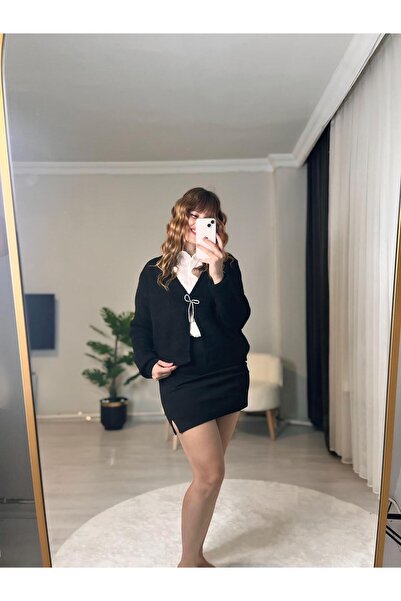 ROZABELLA Kadın Fiyonk Detaylı Triko Hırka - Siyah
