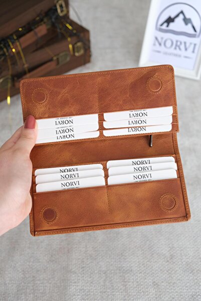 Norvi Leather محفظة جلد طبيعي مع حامل للهاتف، لون بني 1028