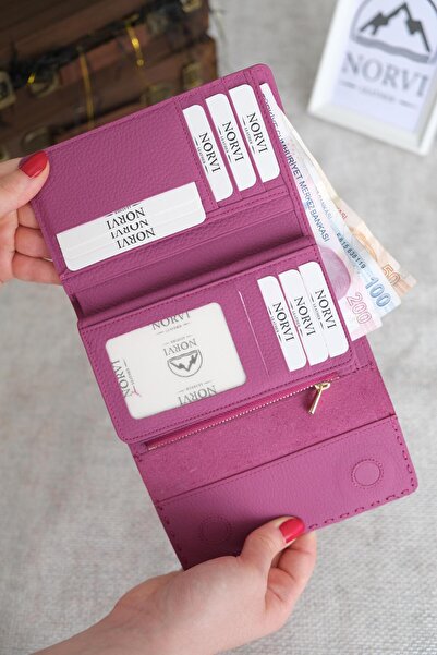 Norvi Leather Saraciye Dikişli Çok Bölmeli Hakiki Deri Cüzdan Kadın Pembe 1065