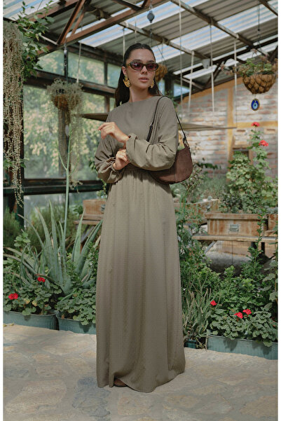 Fatma Atasoy Drapeli Haki Ponpon Şifon Elbise