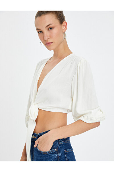 Koton Crop halenka balónové rukávy háčkování detail přední kravata