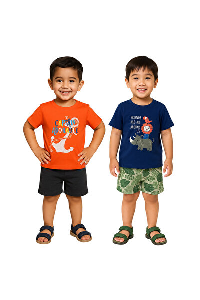 luay Unisex Cotton Blue & Red T-Shirt Set: Bright and Comfortable Kids Casual Wear (PO2) 0-3 M