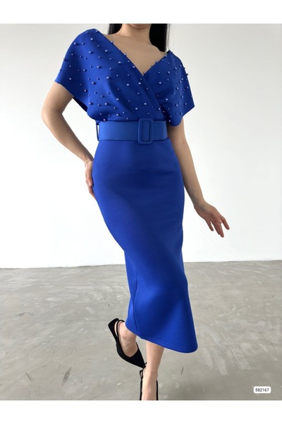 rengamoda Γυναικείο βραδινό φόρεμα με μαργαριταρένια λεπτομέρεια από ύφασμα Diver (πολύχρωμο)