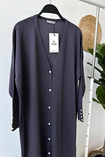 Ka Hijab Maxi Boy Düğmeli Merserize Hırka - Füme