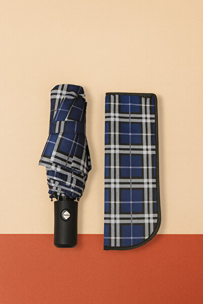 MACERATİ Otomatik Fonksiyon Açma Kapama Fiber Tel Kılıflı Lacivert Beyaz Ekoseli Unisex Kaliteli Şemsiye