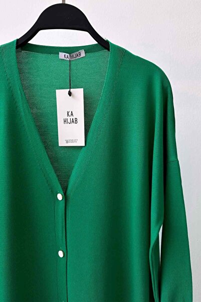 Ka Hijab Maxi Boy Düğmeli Merserize Hırka - Yeşil