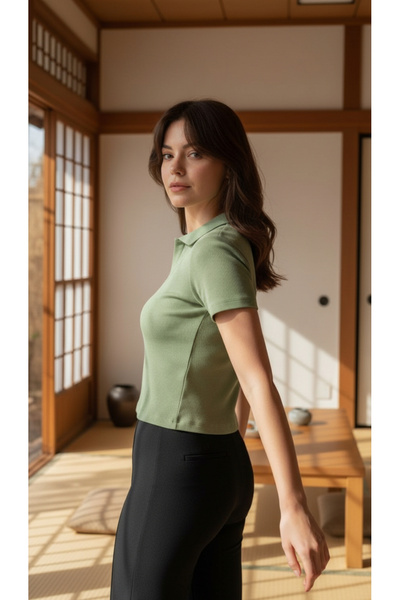 Mood Lab Kadın Polo Yaka Fitilli Kaşkorse Kısa Kollu Tişört