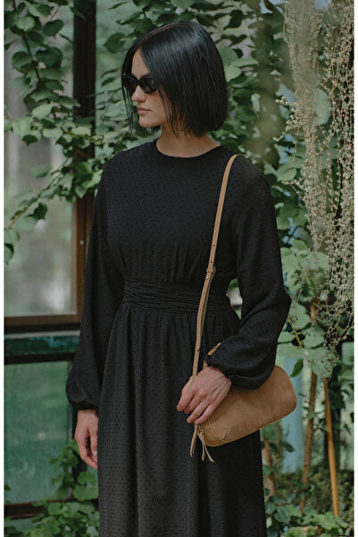 Fatma Atasoy Drapeli Siyah Ponpon Şifon Elbise