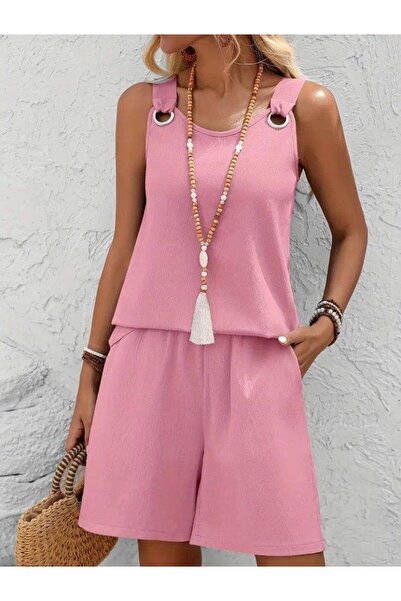 Genel Markalar Kadın Askılı Yuvarlak Yaka Kuş Gözü Detaylı Bürümcük Bluz Ve S...