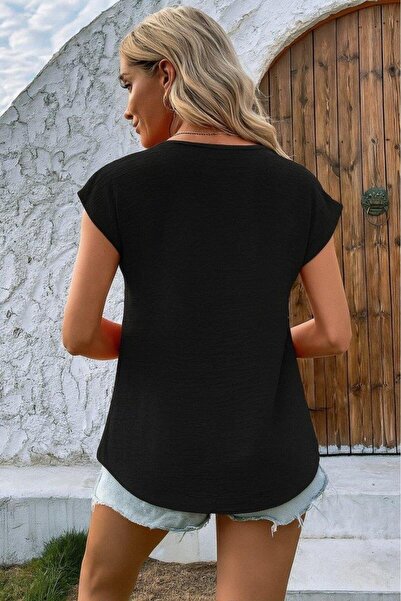 ALPACO Γυναικεία κοντομάνικη λινή μπλούζα με κουμπιά V λαιμόκοψη