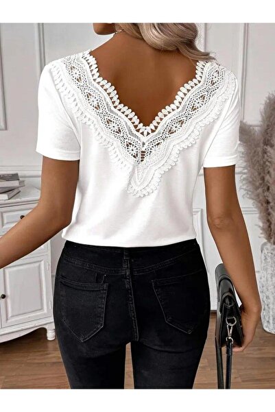 DEAG Women's Short Sleeve V Neck Back Lace Viscose Blouse