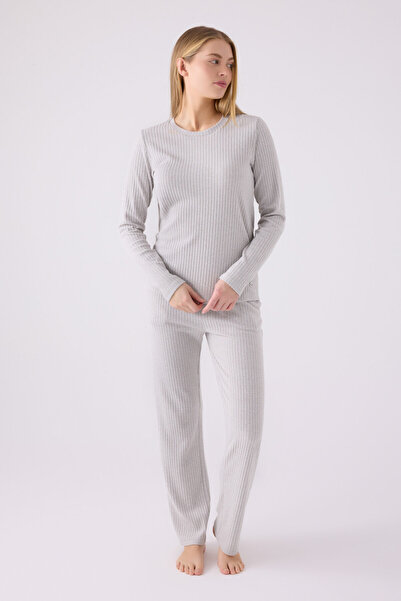 Pierre Cardin Kadın Bisiklet Yaka Pigment Baskılı Kışlık Regular Fit Gri Pijama Takımı PC8908-S-V2